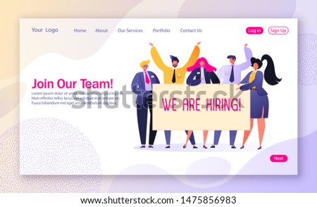 Concept of landing page on recruitment and agency interview theme. Template for website or web page with happy, affable business people holding hiring banner. Characters offer to join their team.