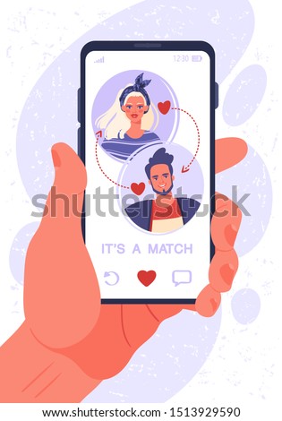 Male hand with smartphone. Online dating app concept on phone screen. Two young people liked each other. Their interest coincided. Now they can chat and go on date in real life, cause IT'S A MATCH.