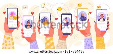 Online dating service application. Hands holding smartphone with man and woman profiles. Modern young people looking for a couple. Concept of social media, virtual relationship communication.