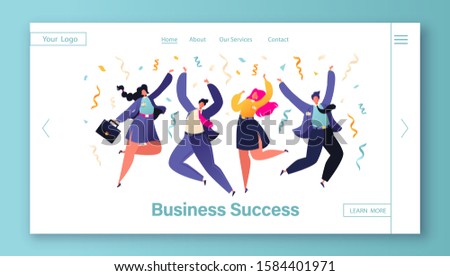 Template for website with happy colleagues, business people, managers team celebrating success or corporate holiday. Concept of landing page on business success, teamwork, achieving goals theme.