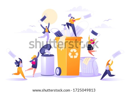 End of Covid-19 pandemic, quarantine completion. Joyful happy people jump and have fun, throw away masks, gloves and empty antiseptic bottles into large garbage cans, buckets and baskets. Vector flat 