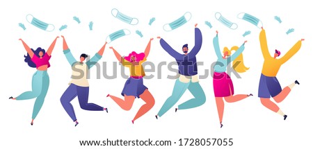 Group of people celebrating end of the Covid-19 quarantine pandemic throwing up their masks and gloves, jumping and dancing. Flat cartoon, vector illustration isolated on white horisontal background.