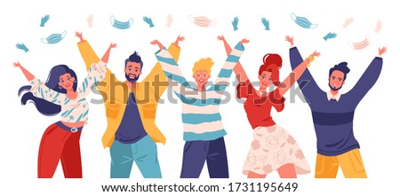 End of Covid-19 pandemic, quarantine completion. Joyful happy people throw away masks and gloves. Cartoon flat vector characters isolated on white background. Men and women joyfully raise their hands