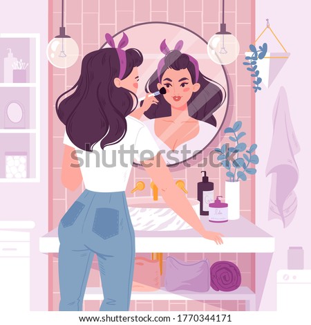 Young woman standing in front of a mirror applies makeup in bathroom. Flat cartoon vector illustration. Girls  daily morning routine. Modern bathroom interior with plants, shelves with care products