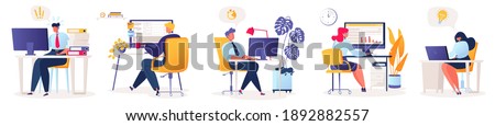 Set of vector illustrations with flat cartoon characters working in office, co-working space or remotely at home, freelance, self-employment. People work at computers and laptops in modern interior. Stock foto © 