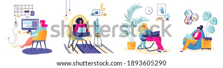 Vector illustrations on freelance, remote work, work during global pandemic, self-employment, comfortable working conditions at home theme. Flat cartoon characters working at computers and laptops.