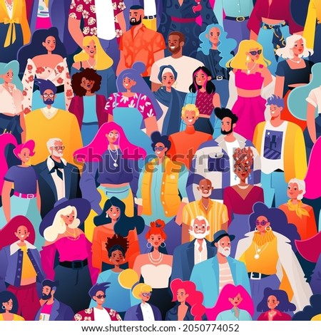 Seamless pattern. Crowd of variety, bright, fashionably dressed people. Vector characters. Different ages, genders, and nationalities. Concept of unity, equality, healthy relationships in society.