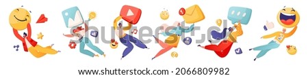 Vector illustration with joyful smiling characters in flat cartoon style. Concept of PR, advertising, marketing on Internet and social networks. People flying and holding emoji and social media icons