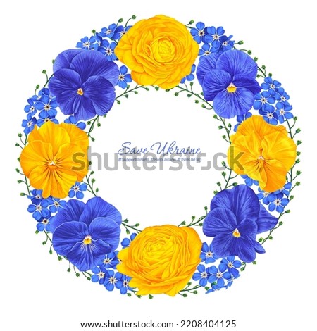 Vector flower frame in colors of Ukrainian flag. Realistic flowers in template for posters, postcards, posts in social networks. Support for Ukraine. Buttercup, Forget-me-not, Pansie in round frame