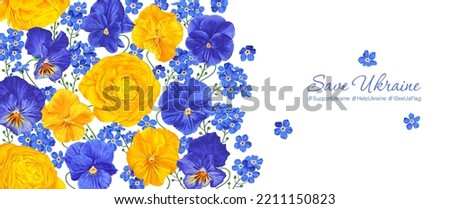 Horizontal long floral vector background in support of Ukraine. Stand with Ukraine concept. Yellow and Blue realistic flowers in template for posters of posts in social networks, advertising banner