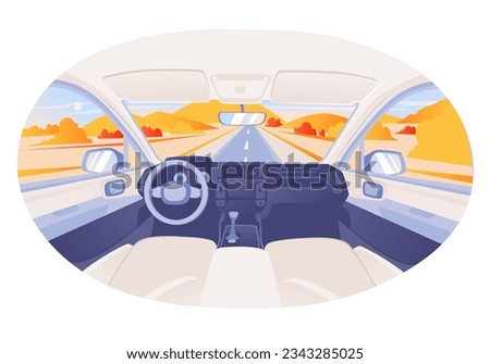 Car windshield and window view with autumn landscape. Light interior of car, cars inside. Empty car interior, modern design. Travel and ride in an automobile. Cabin, driver view inside car.