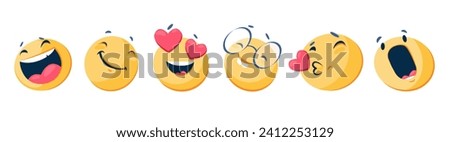 Happy and smiling emojis, laughing, Air kiss, surprised and in love. Elements for displaying your emotion communication with friends. Can be used in advertising or design of your products