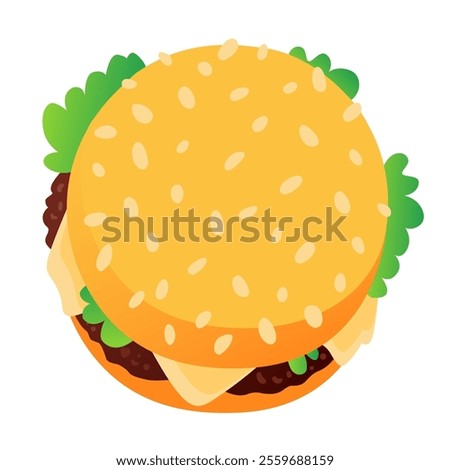 Big burger with bun and sesame seeds, juicy patty, lettuce and cheese. Fast food, concept of quick lunch, snack. Cheeseburger, hand drawn vector isolated on white.