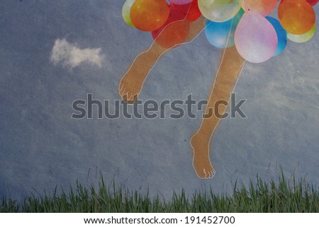 running children\'s feet flying in balloons, childhood, Happy  Birthday card,,
