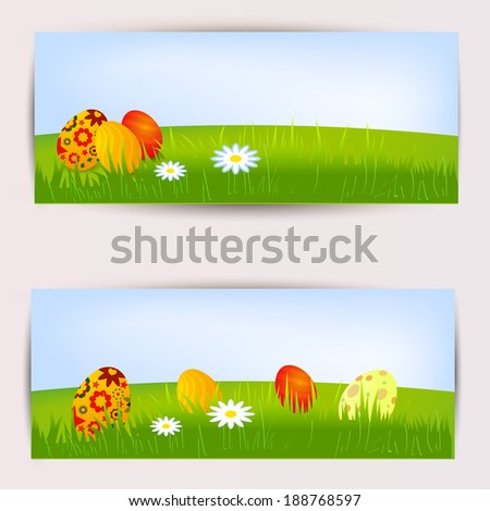 Website header or banner set with painted eggs on nature background for Happy Easter.