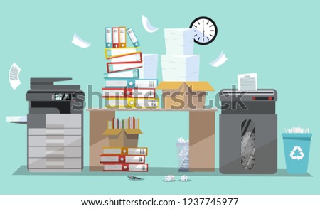 Office interior with multifunction printer scanner and shredder. Copier with flying paper. Copy machine with pile of documents, stack of papers in cardboard boxes. Flat cartoon vector illustration.
