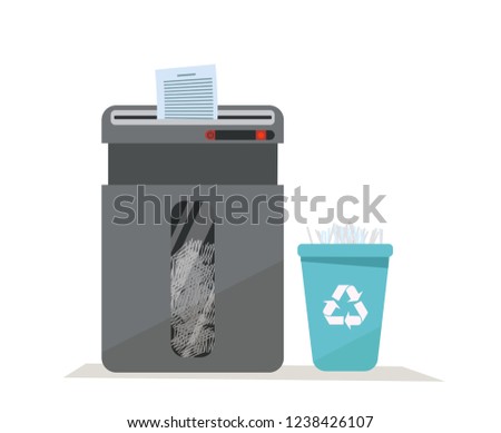 Large office floor shredder full of cut paper and a basket for recycling paper waste on white background. Recycle bin with sign of recycling. Flat cartoon vector illustration.