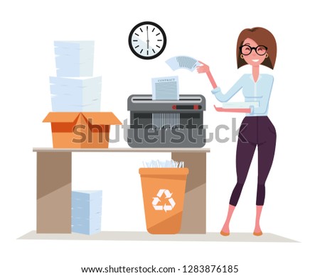 Girl office worker works with Shredder, terminates a pack of documents. Compact shredder stands on the table with a box of stacked sheets of paper. Flat cartoon vector illustration on white background