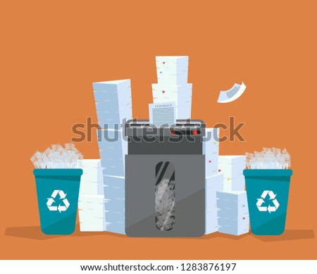 A pile of paper and documents stands above big floor shredder. . Many paperwork concept. Huge stacks of used paper and plastic recycle bins full of scraps of paper. Flat cartoon vector illustration.