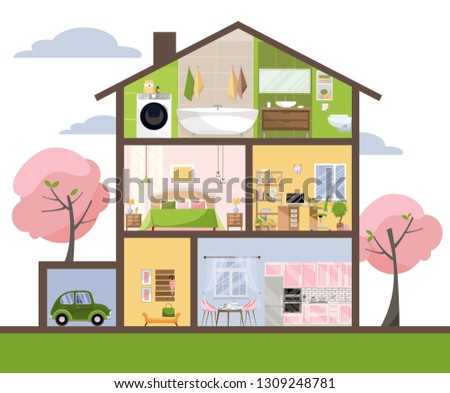 House in cut. Detailed interior. Set of rooms with furniture. Cross section with bedroom, living room, kitchen, dining, bathroom, nursery, garage. Home inside. Flat cartoon style vector illustration. Сток-фото © 