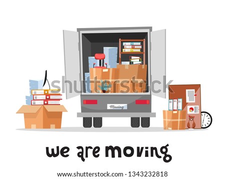Open trunk of the truck woth stack af office things in cardboard boxes.Corporate Moving.Unloading or loading van. We are moving home concept with lettering qoute.Vector flat cartoon style illustration