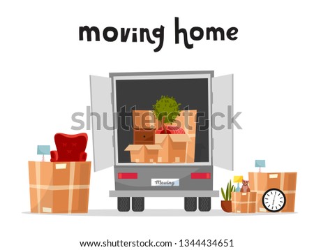 Moving Truck with Boxes. Back side of the loading truck. Cardboard boxes inside and outside the vehicle.Packed interior furniture and cat. lettering moving home qoute.Vector cartoon style illustration