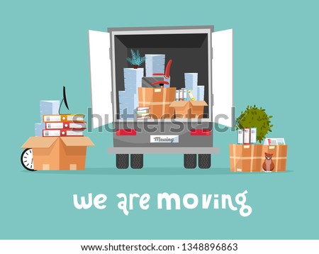 Corporate Moving into new office Concept. Business Relocation in new place. Things in Box in Truck set. Moving Furniture. Van with monitor and stacks of folders. Vector flat cartoon illustration