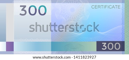 Voucher template banknote 300 with guilloche pattern watermarks and border. Blue background banknote, gift voucher, coupon, diploma, money design, currency, note, check, cheque reward certificate