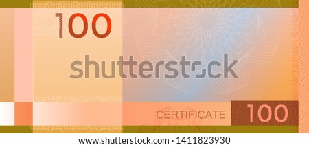 Voucher template banknote 100 with guilloche pattern watermarks and border. Green background banknote, gift voucher, coupon, diploma, money design, currency, note, check, cheque reward certificate