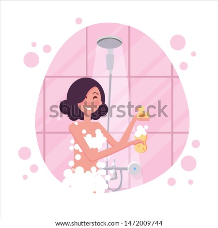 Woman Washing Herself With Sponge In Shower, Part Of People In The Bathroom Doing Their Routine Hygiene Procedures Series. Flat cartoon vector illustration.