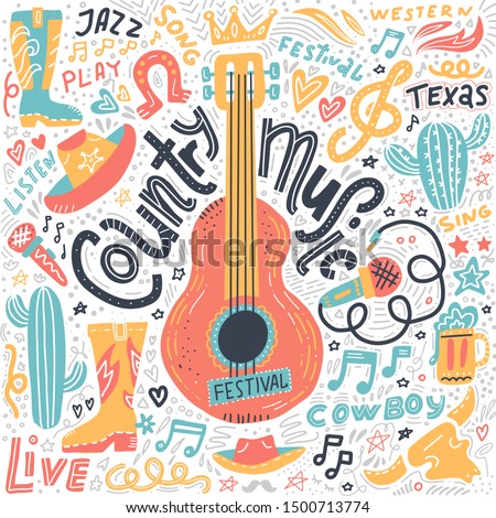 Set of Country music elements for postcards or festival banners. Vector hand drawn illustration in flat style. Guitar with written lettering