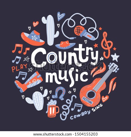 Country music. Illustration with acoustic guitar and hand lettering. Great elements for music festival or t-shirt. Vector concept in flat style