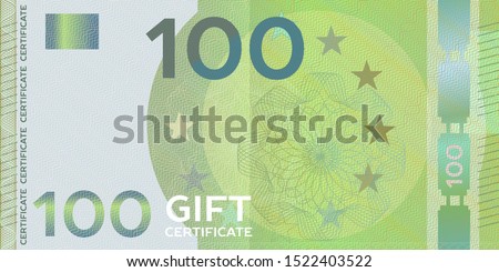 Voucher template banknote 100 with guilloche pattern watermarks and border. Yellow background for gift voucher, coupon, money design, currency,note, check, cheque, reward, certificate design.