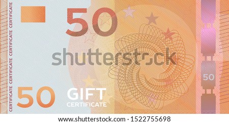 Voucher template banknote 50 with guilloche pattern watermarks and border. Yellow background for gift voucher, coupon, money design, currency,note, check, cheque, reward, certificate design.