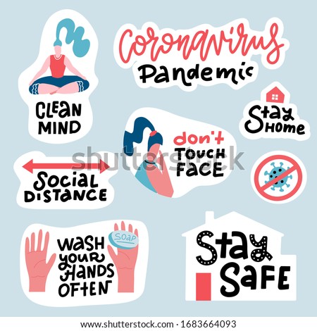 Coronavirus COVID-19 prevention sticker set. Hand drawn pack with lettering How to protect yourself - hand washing, avoid touchin face, stay home. Cartoon badges with quotes. Trendy flat vector.