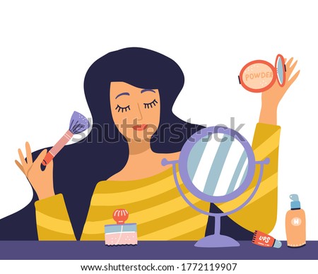 Beautiful young woman character doing make up. Table with makeup, cosmetics and wound mirror. Girl holding brush and powder. Vector flat cartoon illustration in trendy style. Сток-фото © 