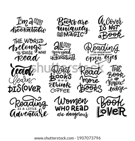 Love reading book lettering phrase set. Collection of hand drawn quotes about reading for teenagers. Vector hand drawn illustration
