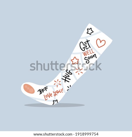 Broken leg cast with positive writings from friends and family. Love concept. Injured limb in gypsum plaster. Good get well soon wishes. Media glyph graphic icon. Flat vector illustration