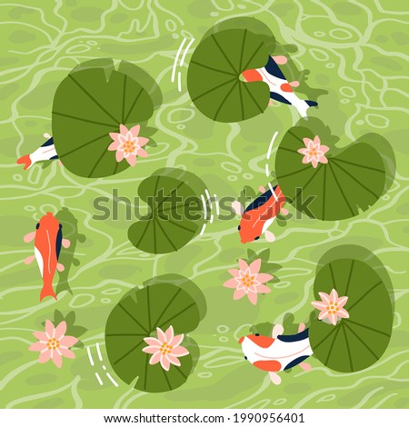 Top view of a Koi fishes or Asian carp swimming in a waterlily pond. Vector flat hand drawn illustration