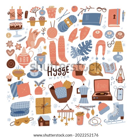 Winter hygge clipart set. Cozy winter flat hand drawn illustration for srickers, logo, cards, posters, wrapping, scrapbooking, patterns. Cute warm home elements collection. Vector illustration. Imagine de stoc © 