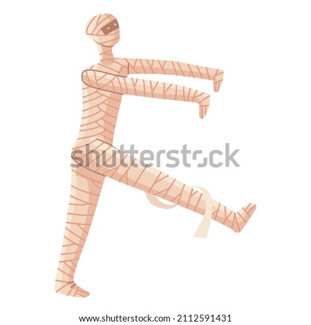 Funny mummy in white bandages walking somewhere on a white background. Monster Halloween character. Vector flat hand drawn illustration isolated on white Foto stock © 