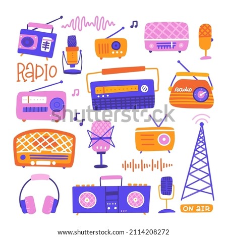 Vintage set with radio, microphone, headphones, radio tower, tape recorder elements in bright trendy flat style. Vector hand drawn illustration.