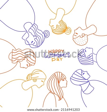 International Women's Day greeting card. Abstract different women portraits in one line style . Women empowerment. Vector linear doodle hand drawn illustration with lettering greeting text. Imagine de stoc © 