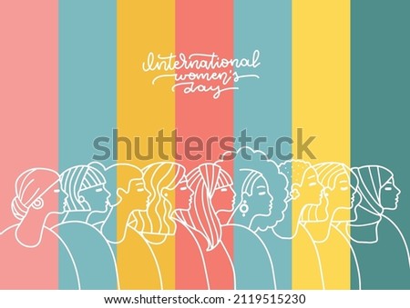 International Womens Day greeting card. Linear womens portrait collection. Women different nationalities in a row in rainbow background. Feminism concept. Girl power line art. Vector illustration.