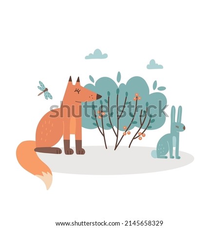 Fox and rabbit in the foliar forest. Isolated comic scene of Hunting. Summer forest animals print concept. Hand drawn childish vector illustration Photo stock © 