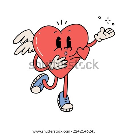 Heart mascot retro cartoon character with a beating heart. Cute groovy cartoon cupid mascot for valentines day greeting cards. Vector contour hand drawn isolated illustration.