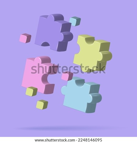 Puzzle jigsaw elements, incomplete data concept. Puzzle pieces icons flying. 3d render vector illustration.