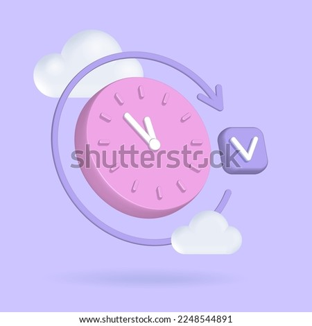 Time management concept. Deadline and quick response and feedback. Round clock in plastic cartoon style. Vector 3d render illustration with check mark, round arrow and clouds.