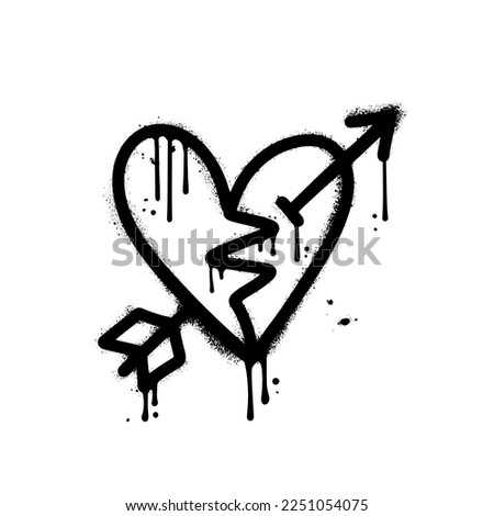 Broken heart shape with arrow. Black paint urban graffiti vector illustration. Textured isolated print concept.