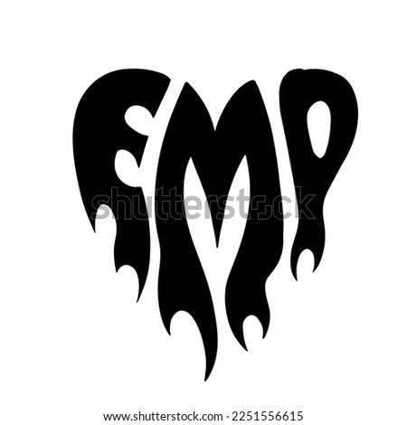 Emo - lettering word in tatoo silhouette style. Hand drawn text in heart shape with flame. Design element for poster, banner, greeting card. Vector simple illustration